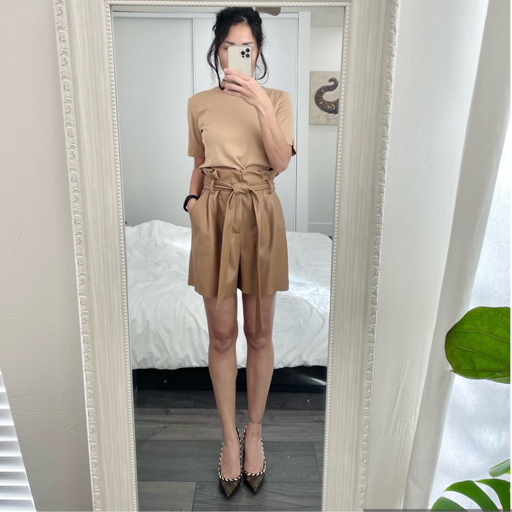 Zara tan faux leather satchel strap high waisted comfy shorts with pockets
